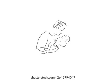 a ilustração da line art captura um abraço suave entre uma figura adulta e uma criança pequena.