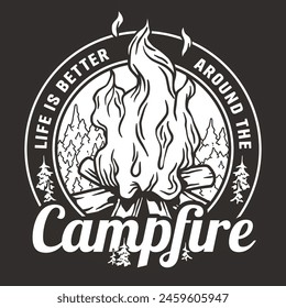 Line art illustration capturing the essence of outdoor life with a campfire, mountains, and forest, perfect for nature and hiking enthusiasts.