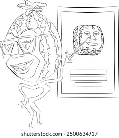 Line art illustration of cartoon watermelon with glasses holding pointer in his hand. Vector illustration of cartoon watermelon character with glasses holding pointer in his hand, pointing at picture.