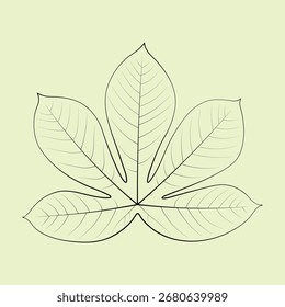 Ilustração artística de uma folha de mandioca com cinco lóbulos e ventilação visível em um fundo verde claro, apresentando detalhes botânicos.