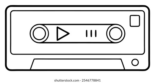 Ilustración de arte lineal de una cinta de casete, que simboliza música retro, grabaciones de audio y tecnología vintage.