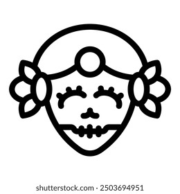 Line art illustration of a catrina skull with flowers in her hair, celebrating the day of the dead