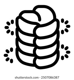 Line art illustration of a challah bread loaf being baked with dots surrounding it to indicate cooking