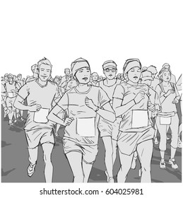 Line art illustration of cheerful crowd running marathon with blank signs