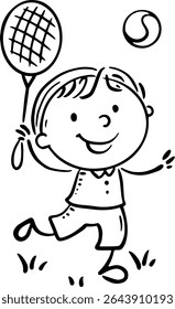 Line art illustration of child playing tennis. Outline cartoon kid activities clipart