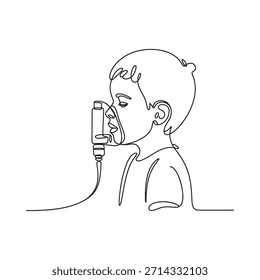 Ilustración de arte lineal de un niño usando un inhalador para el alivio respiratorio