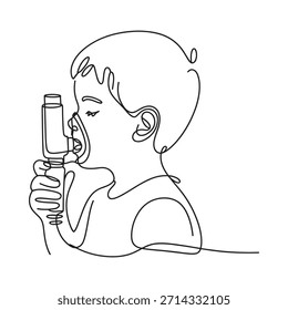 Ilustración de arte lineal de un niño usando un inhalador para el alivio respiratorio