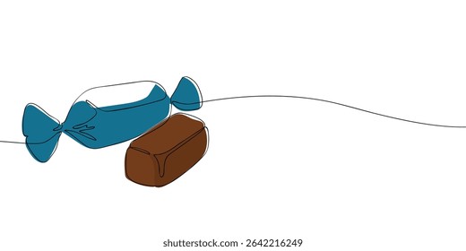 Line art illustration of a chocolate candy, one wrapped and one unwrapped, showing a modern and minimal sweet treat.
