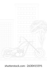 Line art illustration of a chopper-style motorcycle parked in an urban cityscape with tall buildings and a tree in the background.