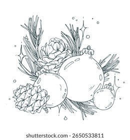 Line art illustration of Christmas balls and pine cone bouquet. Hand drawn with black ink. Elegant decorative winter composition for holiday use in cards, packaging or design.