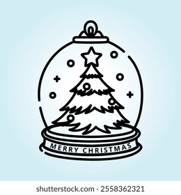 A line art illustration of a Christmas snow globe featuring a festive Christmas tree. Perfect for holiday cards or decorations.