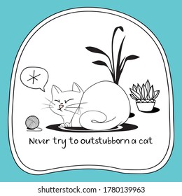 Line art illustration of chubby grumpy white cat lying on a black rug, two plants, a ball of yarn in a double line frame on a turquoise background.