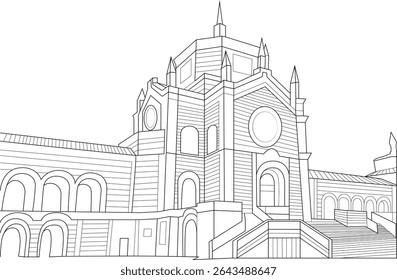 Line Art Illustration of Cimitero Monumentale di Milano, Line art illustration of the facade and entrance of the Cimitero Monumentale (Monumental Cemetery) in Milan, Italy. This historic landmark is