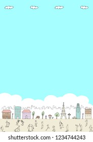 line art illustration of city and people