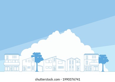 Line art Illustration of a cityscape with simple single-family homes lined up