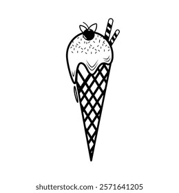 A line art illustration of a classic ice cream cone with a cherry, sprinkles, and wafer sticks, combining the charm of a traditional dessert with a modern artistic twist