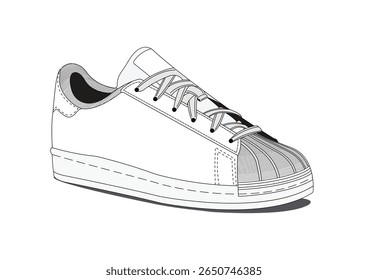 Ilustração de arte de linha de um tênis clássico low-top com um design de dedo do pé de concha. O sapato apresenta costura detalhada, cadarços e uma sola de borracha, capturados em um estilo vetorial preto-e-branco limpo. Ideal para 