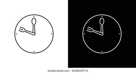 Ilustración de arte lineal de un reloj con un tenedor y una cuchara como manos. Dos versiones: blanco sobre negro y negro sobre blanco.