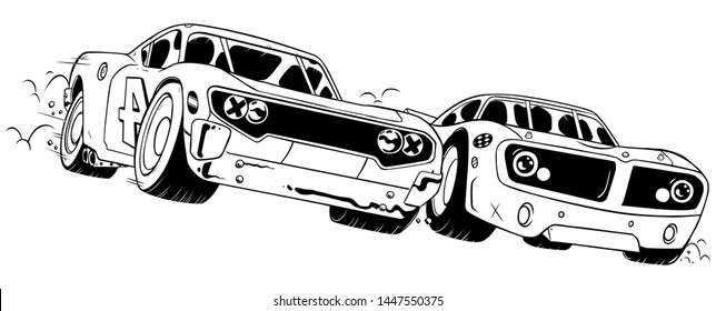 Line art illustration of a close race between 2 sport cars. 