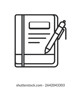 Line Art Illustration of a Closed Notebook with a Pen Resting on the Bottom Edge Simple Black and White Design for Note Taking Writing and Education Concepts