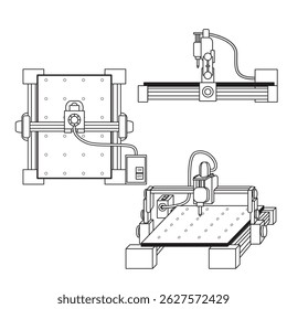 Ilustração de arte de linha de uma máquina de roteador CNC de vários ângulos. Desenho técnico ideal para projetos de conceito de engenharia, fabricação, automação e usinagem.