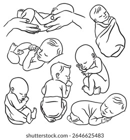 Line art illustration collection of sleeping babies. Minimalist and delicate drawings showing babies in various sleep positions. Perfect for baby products, nursery decoration, birth announcements, sta