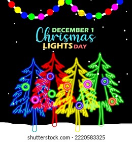 Line art illustration of colorful glowing trees with decorations and bold text on black background to celebrate Christmas Lights Day on December 1