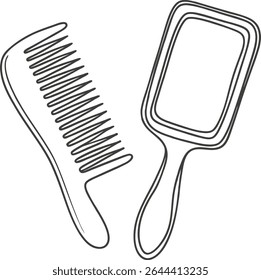 Line art illustration of a comb and handheld mirror duo, perfect for salon, grooming, beauty, hygiene, and self-care concepts in minimalist vector style for design and print projects.
