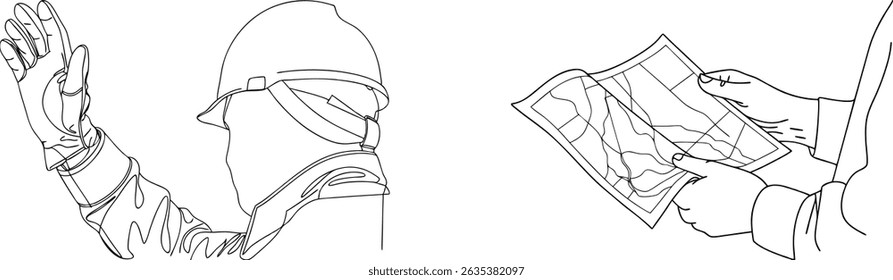 Ilustración de arte lineal de un trabajador de la construcción que señala y examina un mapa.