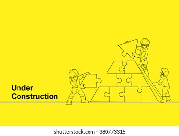 Line art illustration of a construction worker building a jigsaw puzzle.