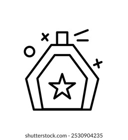 A line art illustration of a cosmetic bottle with a star symbol and decorative elements.