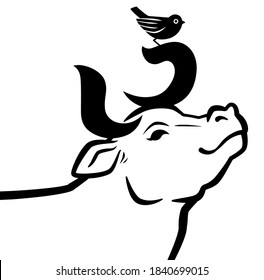 A line art illustration of a cow laughing while looking up, designed so that the body of the bird and the hiragana of the "Ushi" are horns.