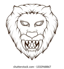 Line art Illustration of a creepy lion head demon with sharp fangs