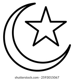 Line art illustration of a crescent moon and five-pointed star symbolizing Islam available for religious or cultural projects.