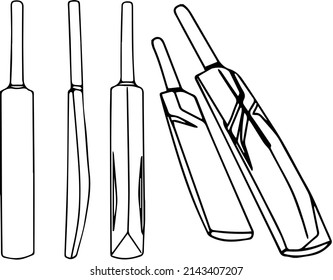 Line art illustration of cricket bat from different angles, Set of outline sketch drawing of cricket bat from front back and side view