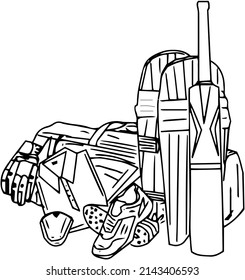 Line Art Illustration Of Cricket Kit, Cricket Pads,  Bat, Cricket Ball, Outline Sketch Drawing Of Cricket Kit Including Bat, Ball, Pads, Gloves