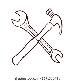 Line art illustration of a crossed hammer and wrench symbolizing tool, repair and construction. Perfect for logo, icon, mechanic, DIY project and engineering related design.