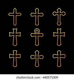 Line art illustration of crosses. Different forms. Isolated on black background. Vector illustration.