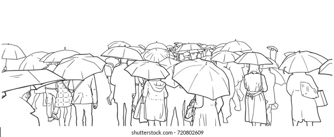 Line art illustration of crowd of people waiting at street crossing in the rain, with rain coats and umbrellas