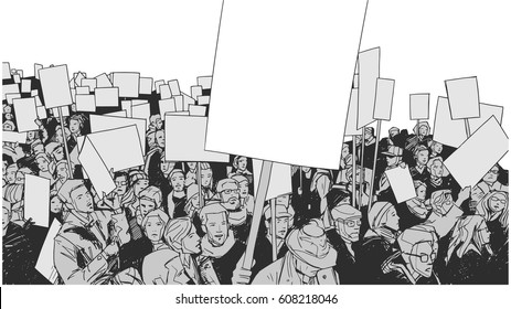 Line art illustration of crowd protest with blank signs and banners