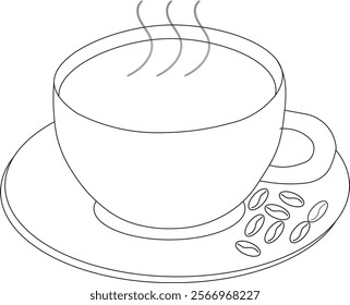 the line art illustration of a cup of coffee with coffee bean placed beside the cup.