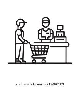 Ilustración del arte de la línea de un Cliente que echa un vistazo en un mostrador de la tienda