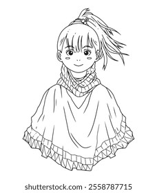 line art illustration of a cute asian girl in anime style. Used for coloring book, coloring page, etc