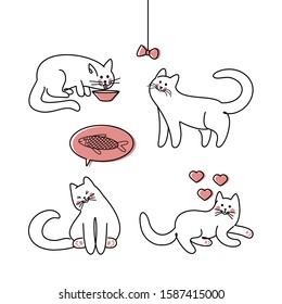 Line art  illustration cute cats on white background.  Lovely funny cute. Design element set. Cute kitten vector. Isolated black line art  illustration. 