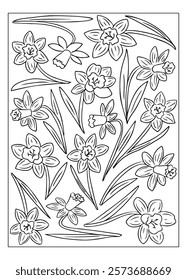 Line art illustration of daffodils with intricate floral patterns and leaves, ideal for coloring books or artistic designs. Vector hand drawn outline illustration isolated on white background