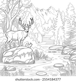a line art illustration deer and rabbit coloring page 