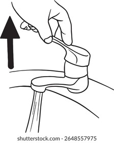 Ilustração de arte de linha demonstrando como ligar uma torneira de água, completa com uma seta para cima para instruções. Perfeito para manuais do usuário, guias DIY, tutoriais de encanamento.