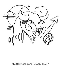 Line art illustration depicting the bullish trend concept with a bull, Bitcoin, and rising charts. Ideal for representing cryptocurrency trends, growth, and financial market analysis.