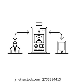 Line art illustration depicting data synchronization between a person phone and device