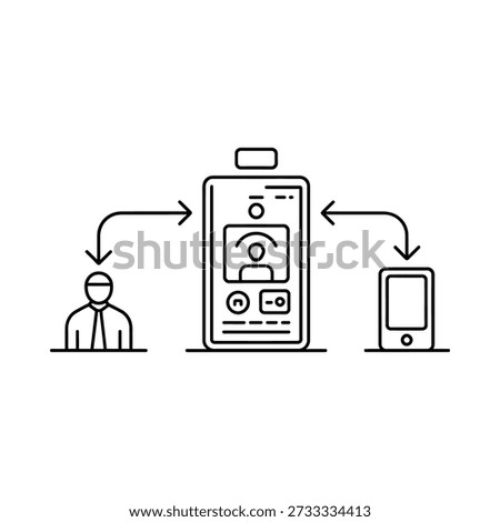 Line art illustration depicting data synchronization between a person phone and device
